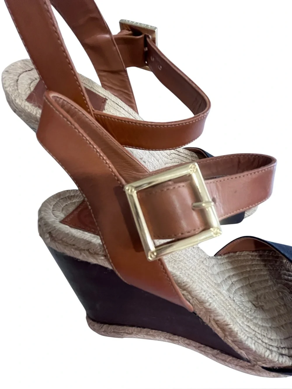 Tory Burch Bima Black Canvas dark brown Wedge Sandals Size 8